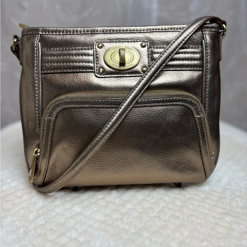 Calvin Klein Gold Metallic Faux Leather Crossbody Purse